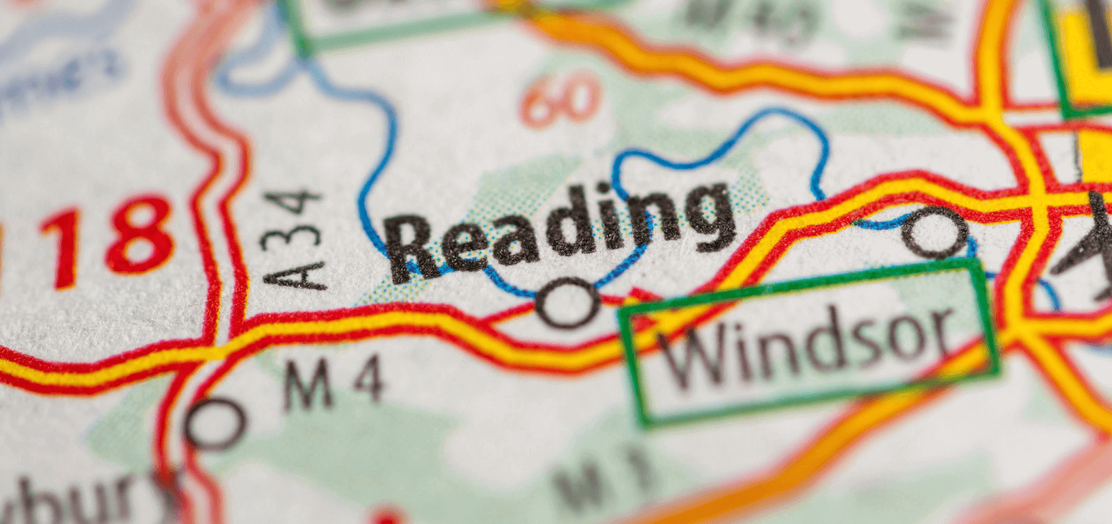 A close-up shot of a map showing Reading.