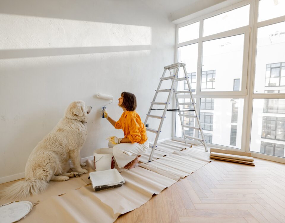 A woman renovating a home with a golden retriever sat next to her.