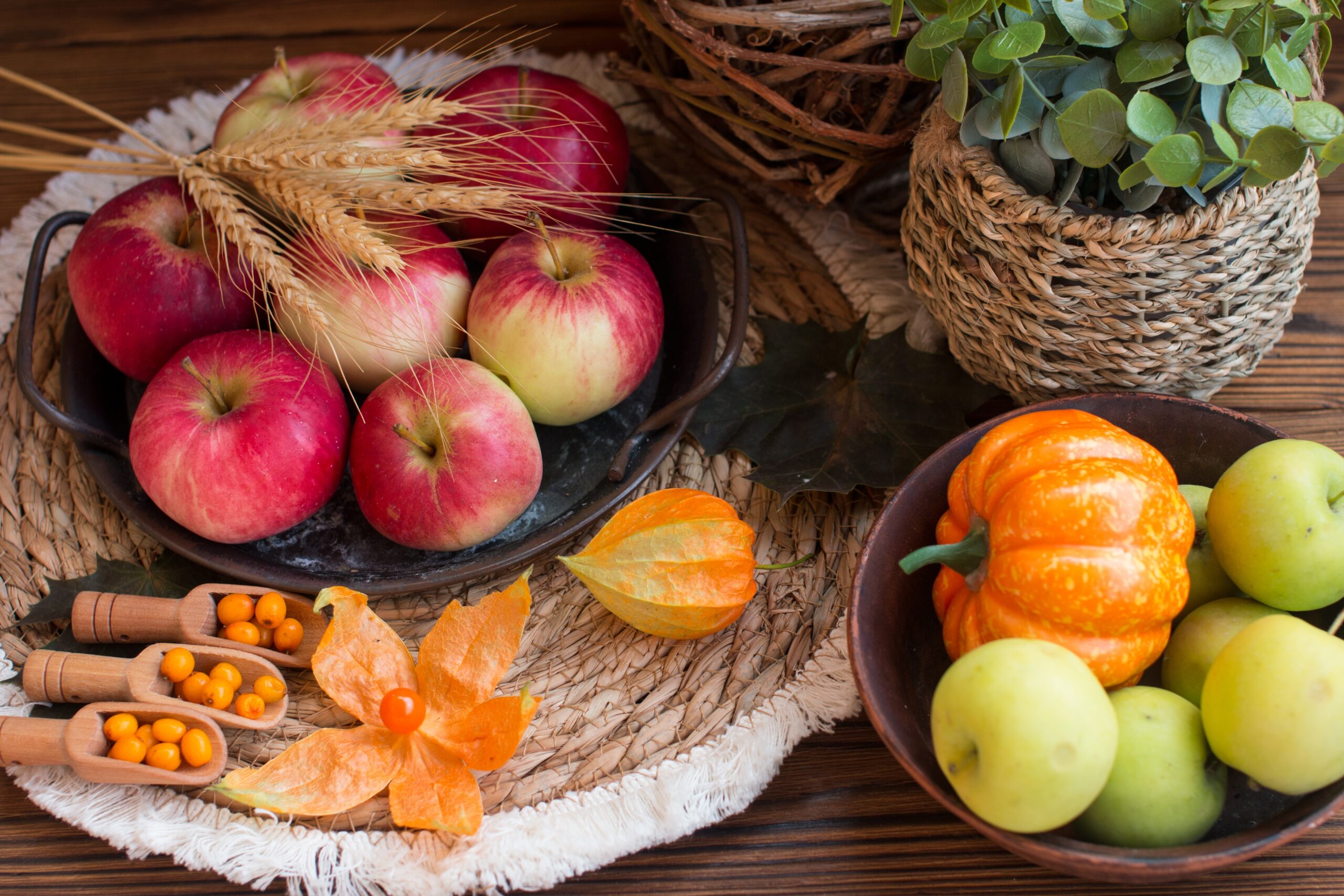 An image displaying an autumn spread of apples with barley on top and some autumn leaves and pumpkins.