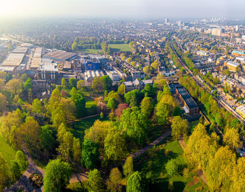 An aerial view of the london suburb of acton.