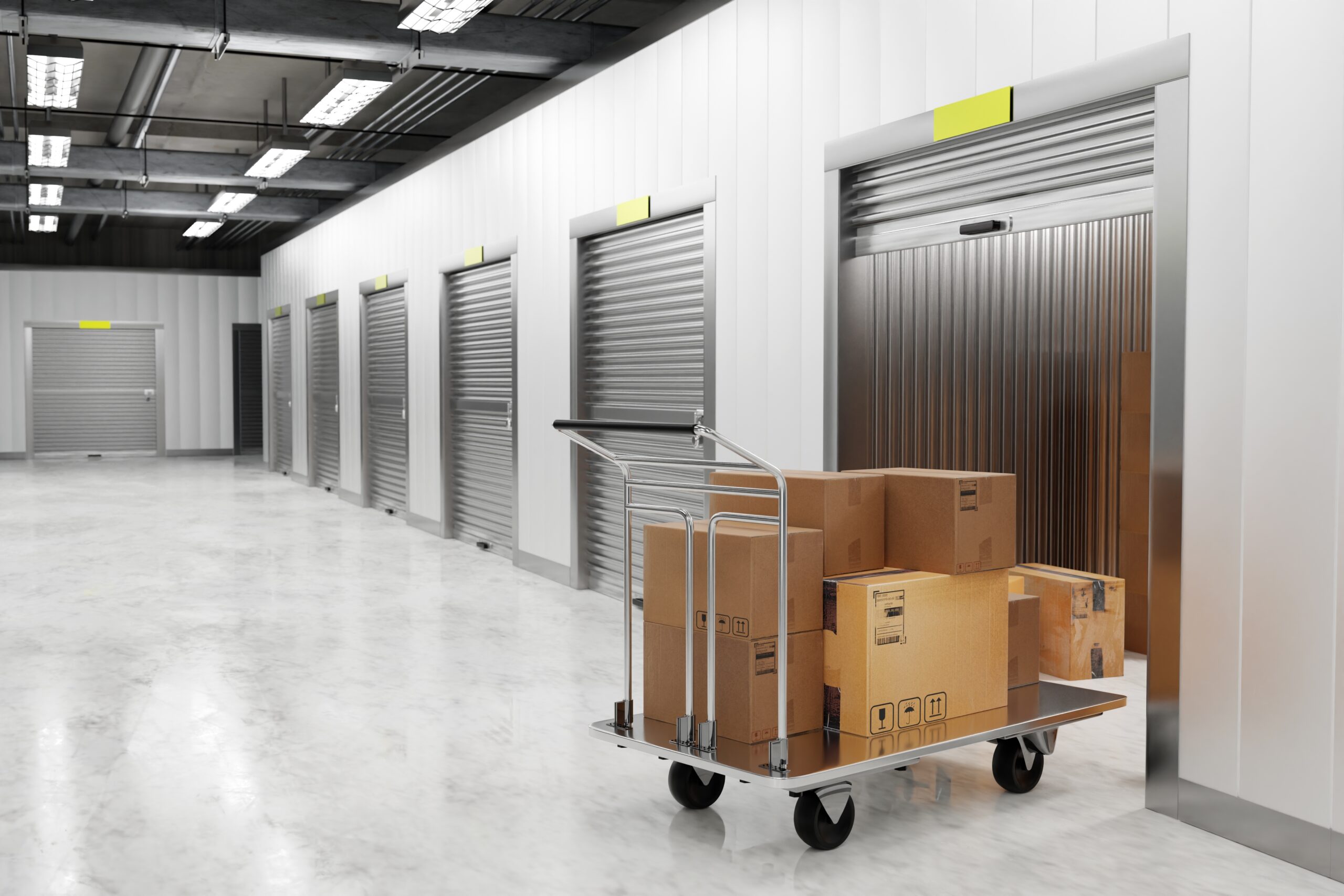 An image of a trolley of boxes waiting to be put away in a storage unit in Reading.