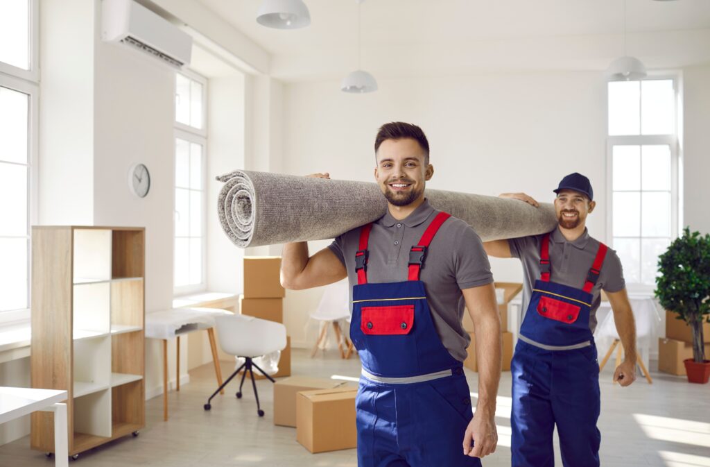 An image of a young male moving a carpet into a new office.