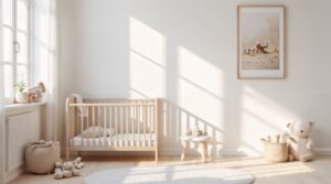 An image of a neutral nursery with a cot and some toys.