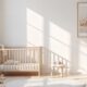 An image of a neutral nursery with a cot and some toys.