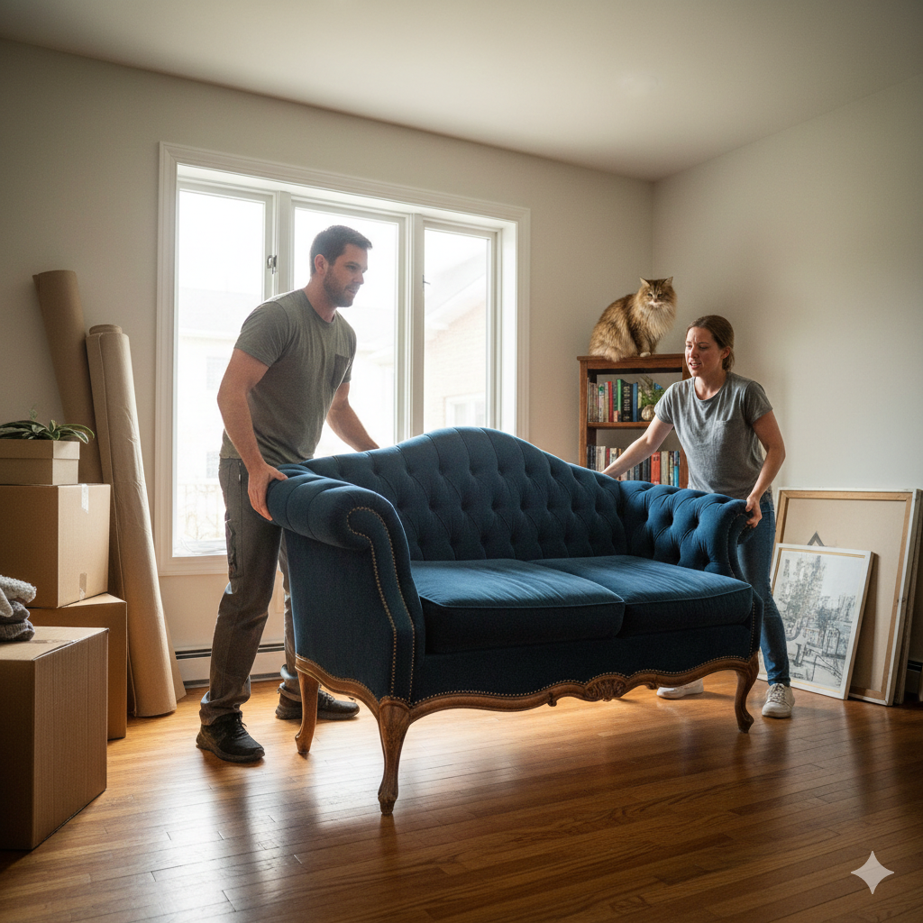 A couple moving a blue sofa in their livng room.