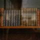 antique books stored in a book cabinet.